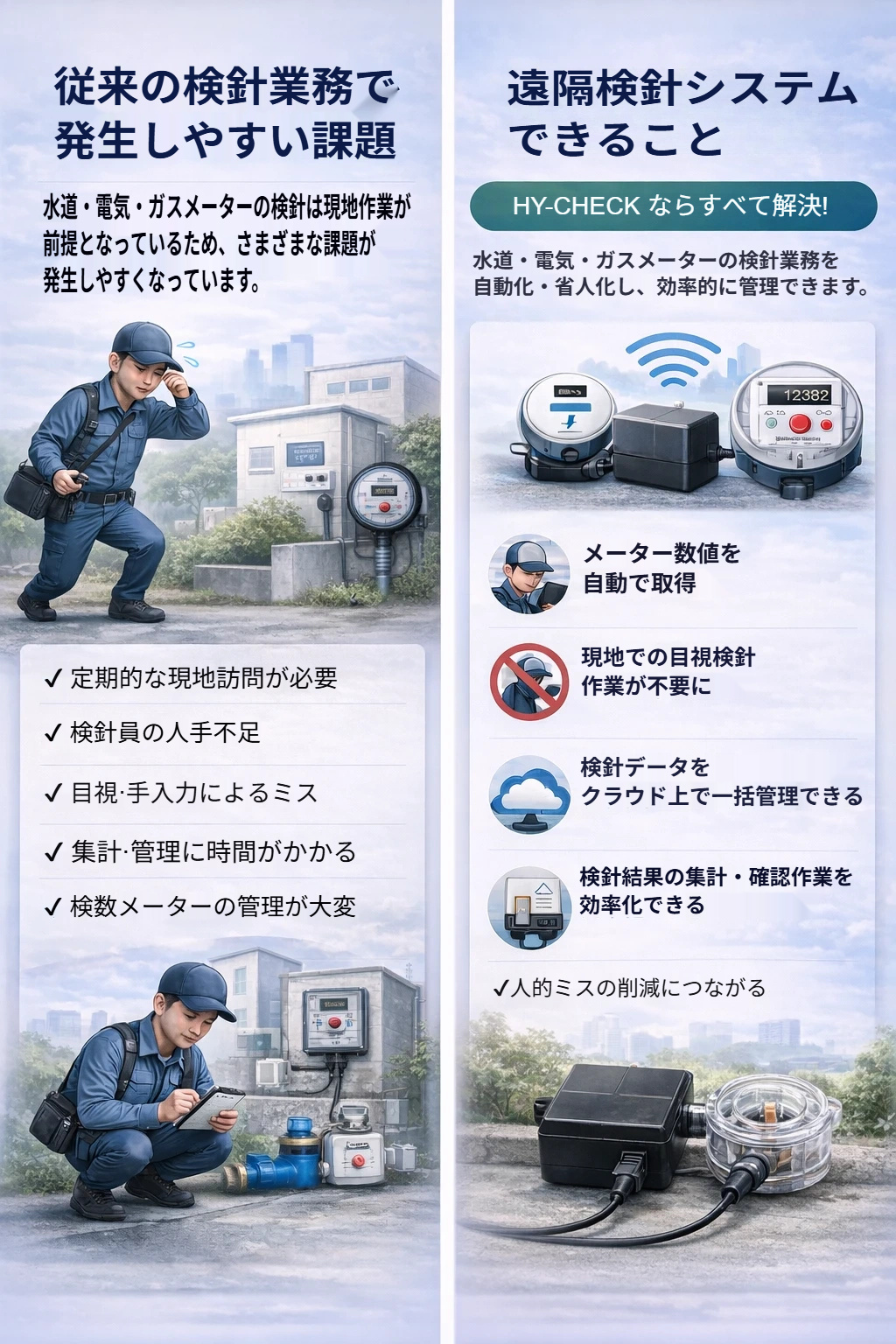 HY-CHECKが選ばれる理由。AI-OCR、断水不要、長寿命、低コスト