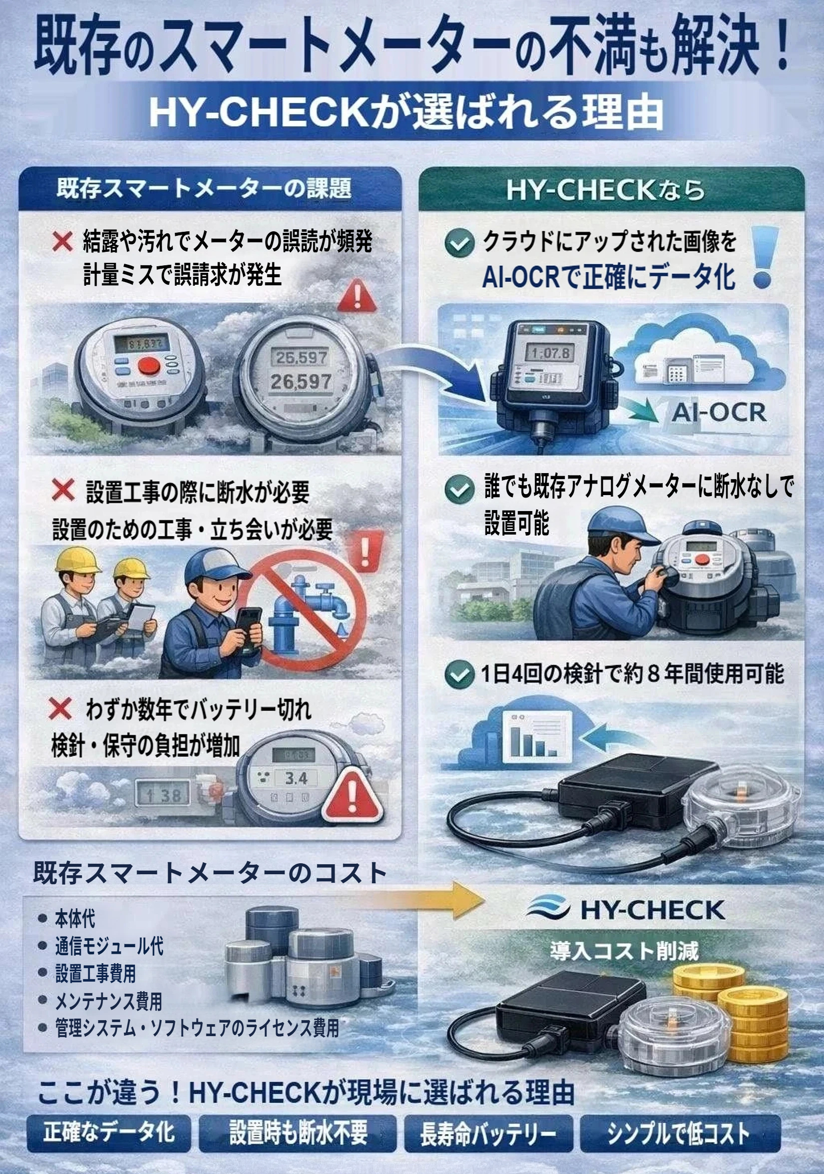既存スマートメーターの課題。誤読、断水工事、バッテリー切れ、コスト増大